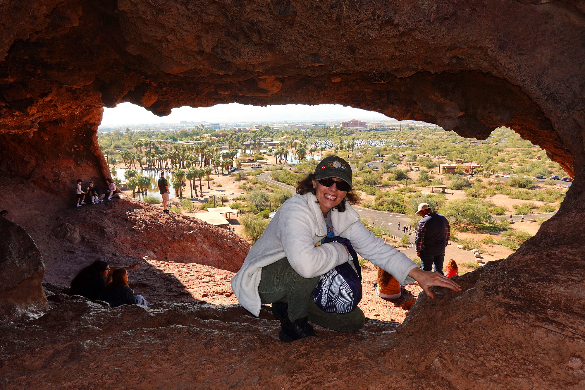Janine, in a hole, in a rock.